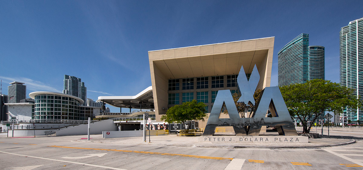 Architectural view of the of the FTX Arena terrace in Miami, FL.